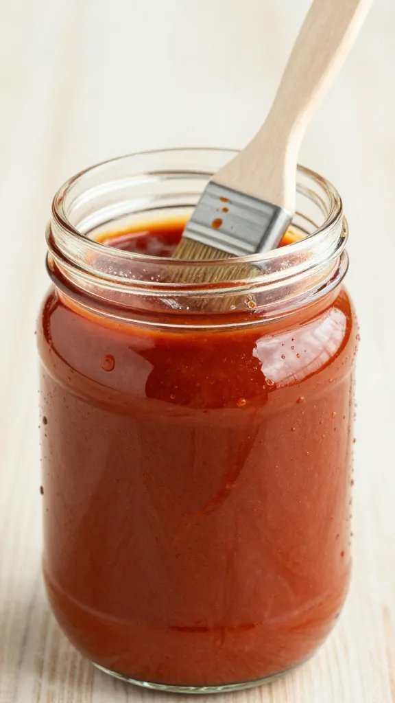 Mason jar of tangy BBQ sauce with brush, closeup