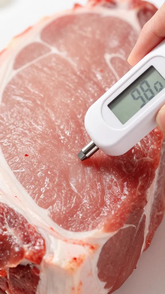 Digital meat thermometer probing pork shoulder, closeup