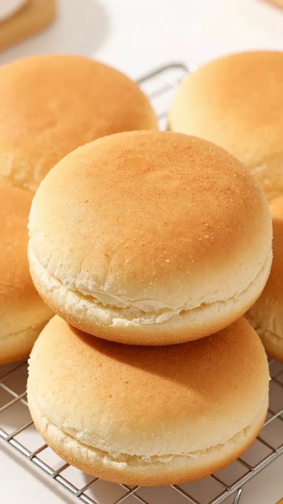 Stack of soft hamburger buns on wire rack, closeup