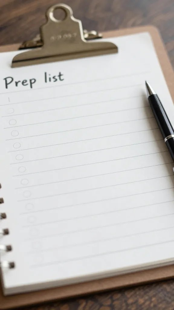 Labeled prep list clipboard with pen, shallow focus