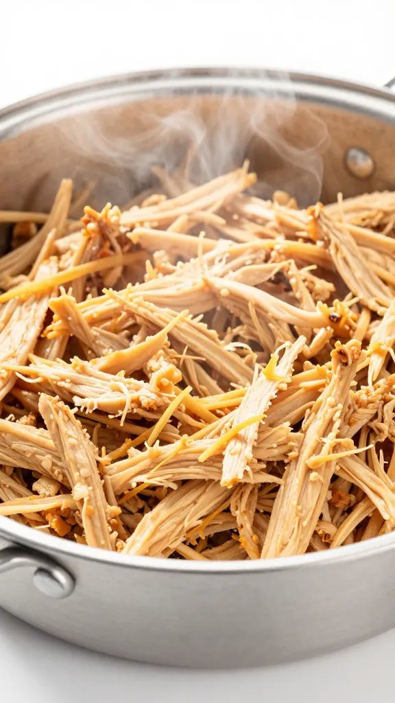 Aluminum pan of shredded chicken, steam visible, closeup
