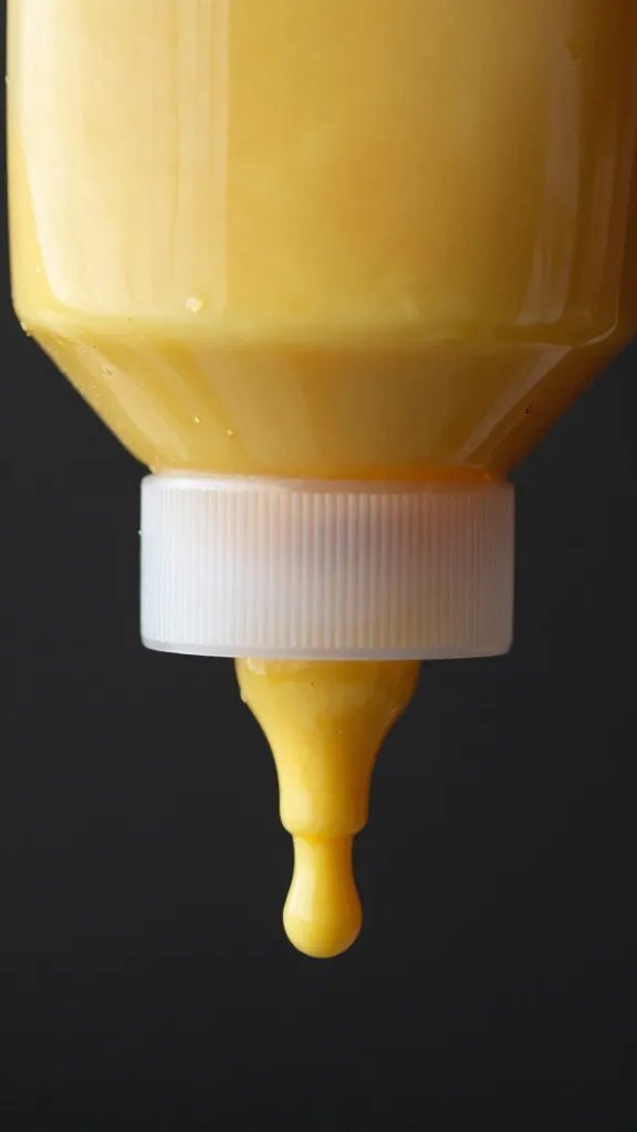 Squeeze bottle of mustard sauce with drips, macro