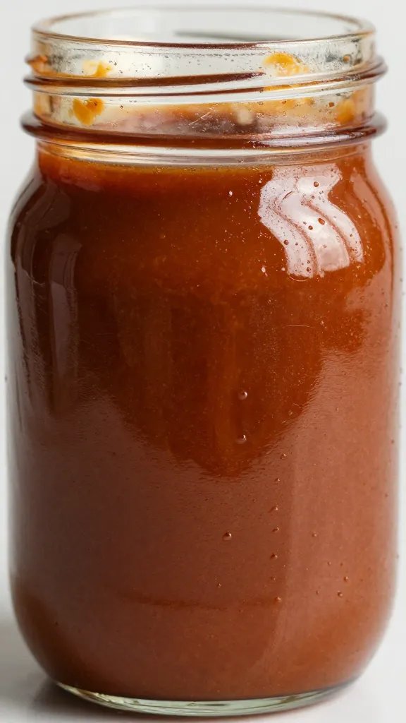 glossy mason jar of homemade bbq sauce, tight closeup