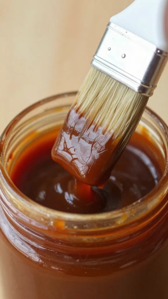 closeup brush dipped in thick bbq sauce, rim of jar