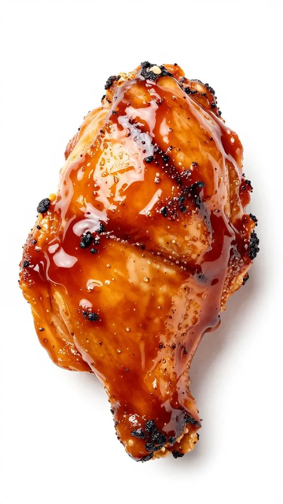 single grilled chicken thigh lacquered with bbq sauce, macro