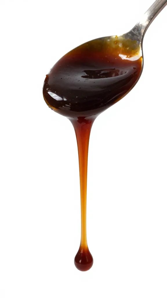 spoonful of dark bbq sauce dripping, white background
