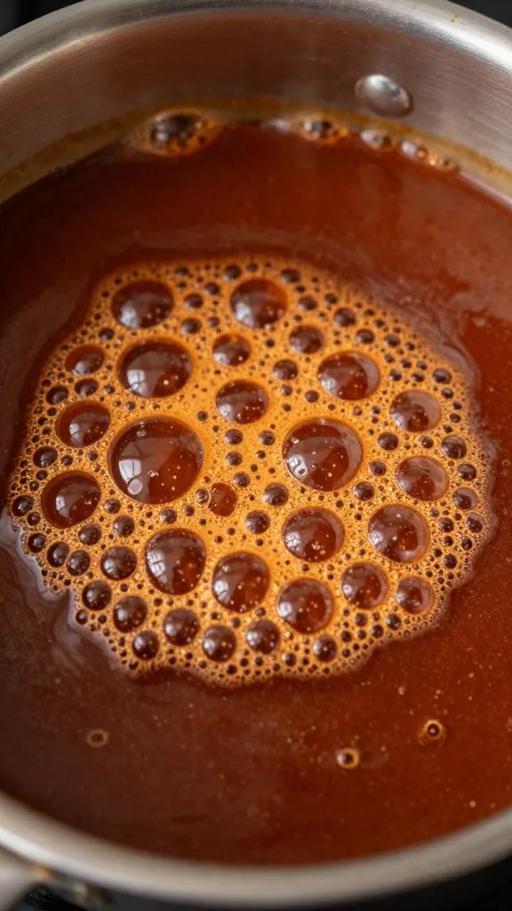 small saucepan of simmering bbq sauce, bubbles in focus