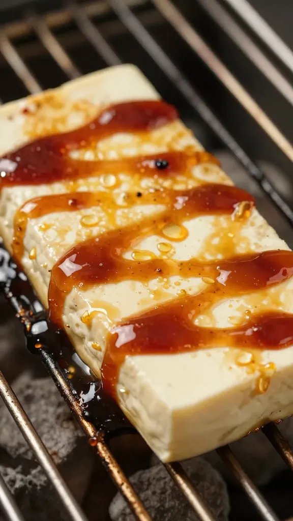 closeup tofu slab glazed with bbq sauce on grill grates
