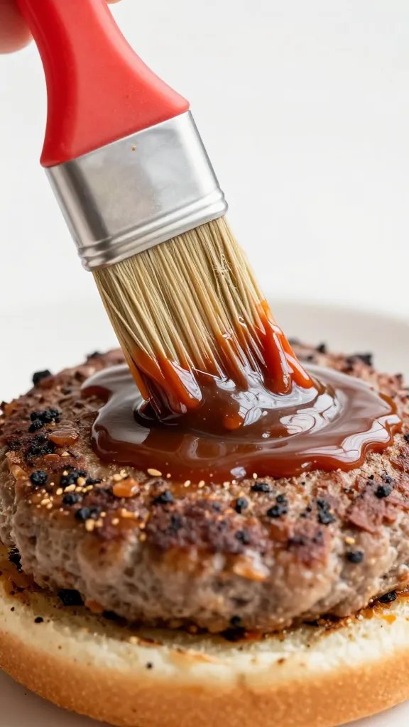 pastry brush painting bbq sauce on burger patty, macro