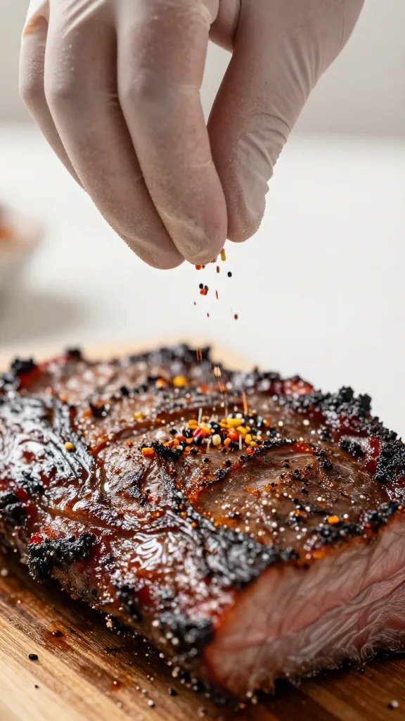 gloved hand sprinkling rub on brisket surface, macro