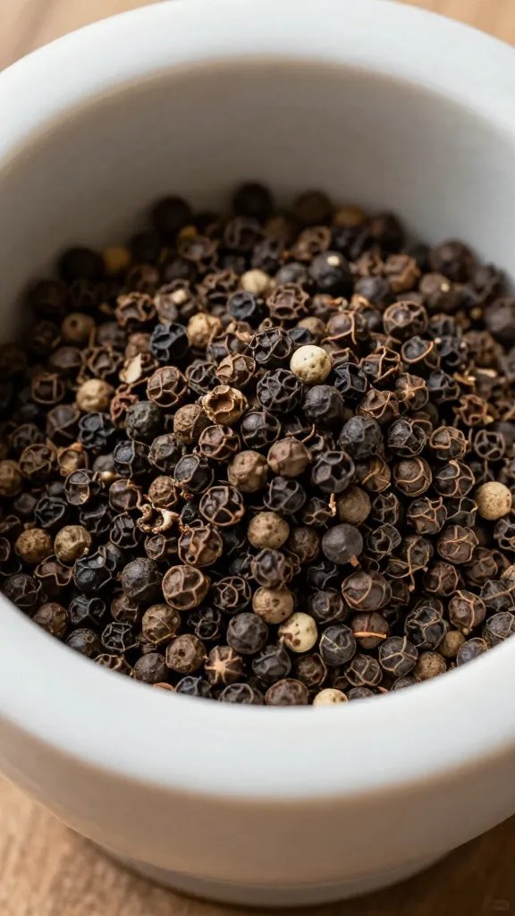 tight shot of peppercorns crushed in mortar for rub