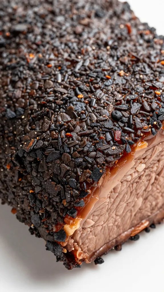 smoked brisket bark crust detail on flat end, macro