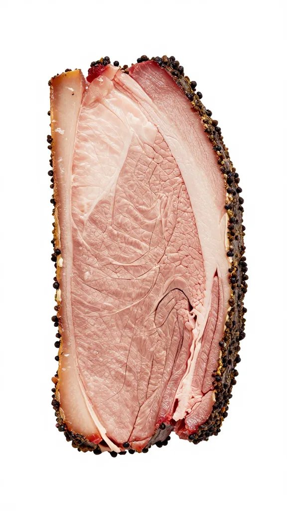 single slice of brisket showing peppery bark edge, macro