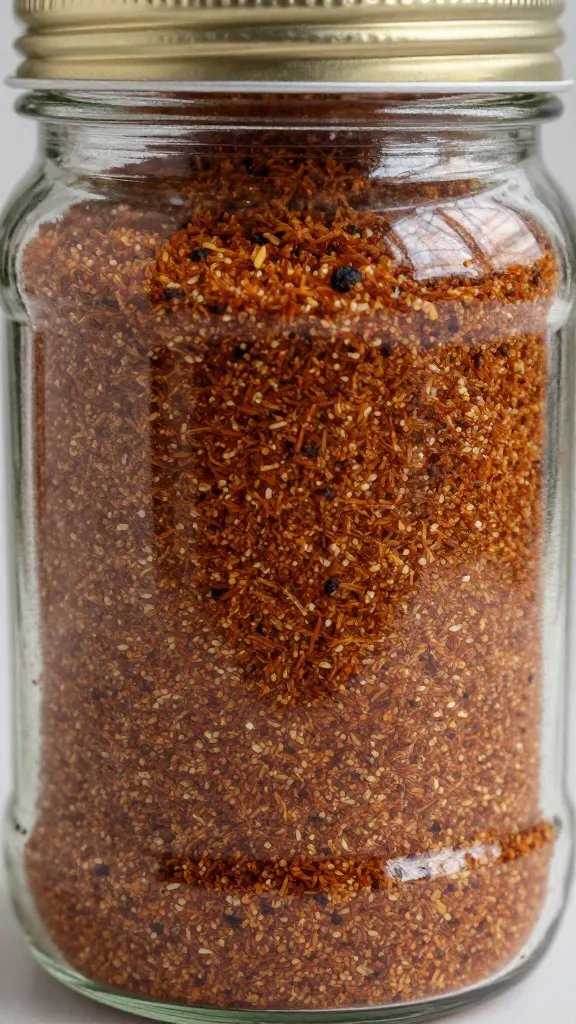closeup of glass jar filled with homemade bbq rub