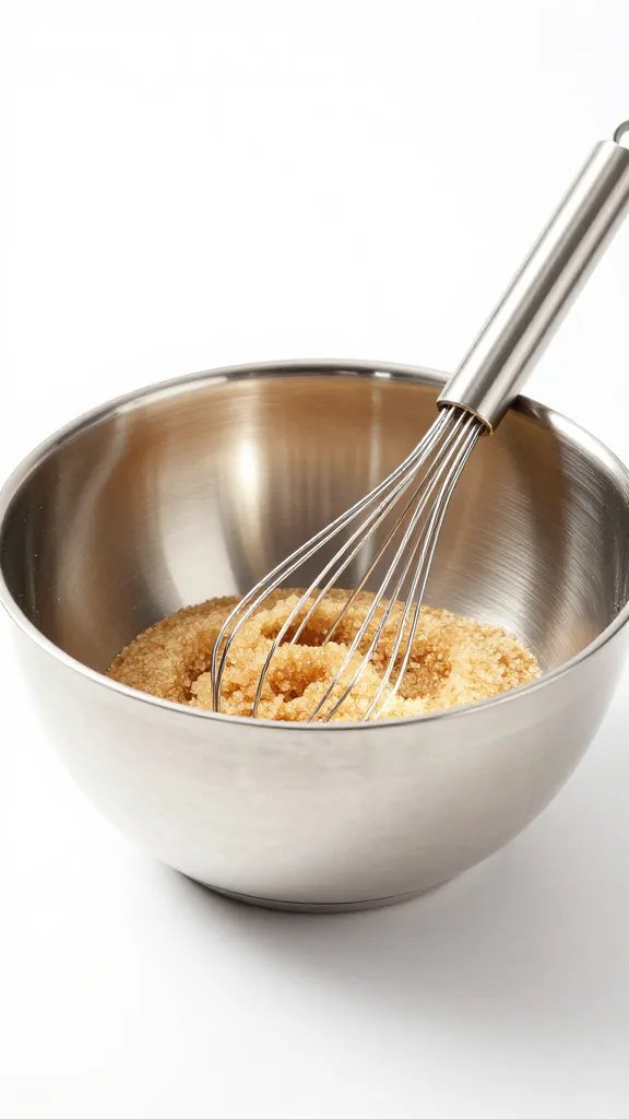 stainless mixing bowl with whisk and brown sugar rub