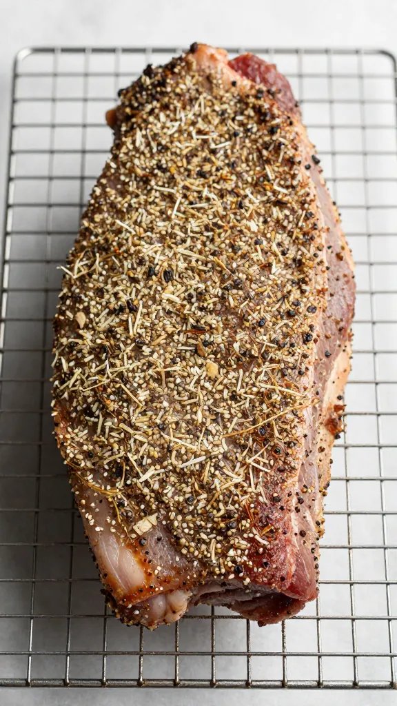 single pork shoulder coated in rub on wire rack
