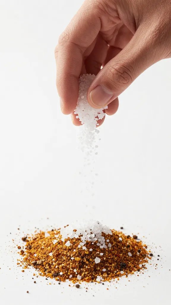 hand sprinkling coarse kosher salt over spice blend