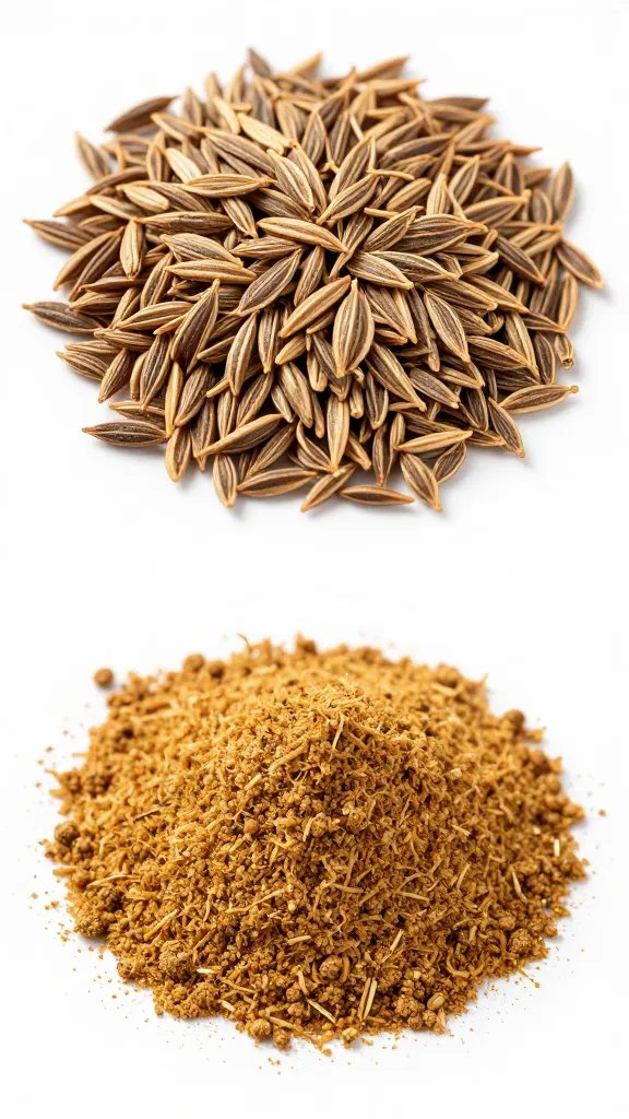 macro cumin seeds next to ground cumin comparison