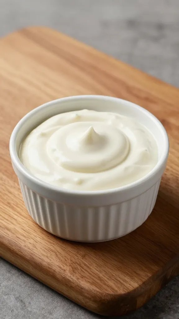single ramekin of Alabama white sauce on wood board