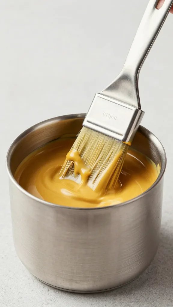 brushed stainless ladle filled with mustard bbq sauce