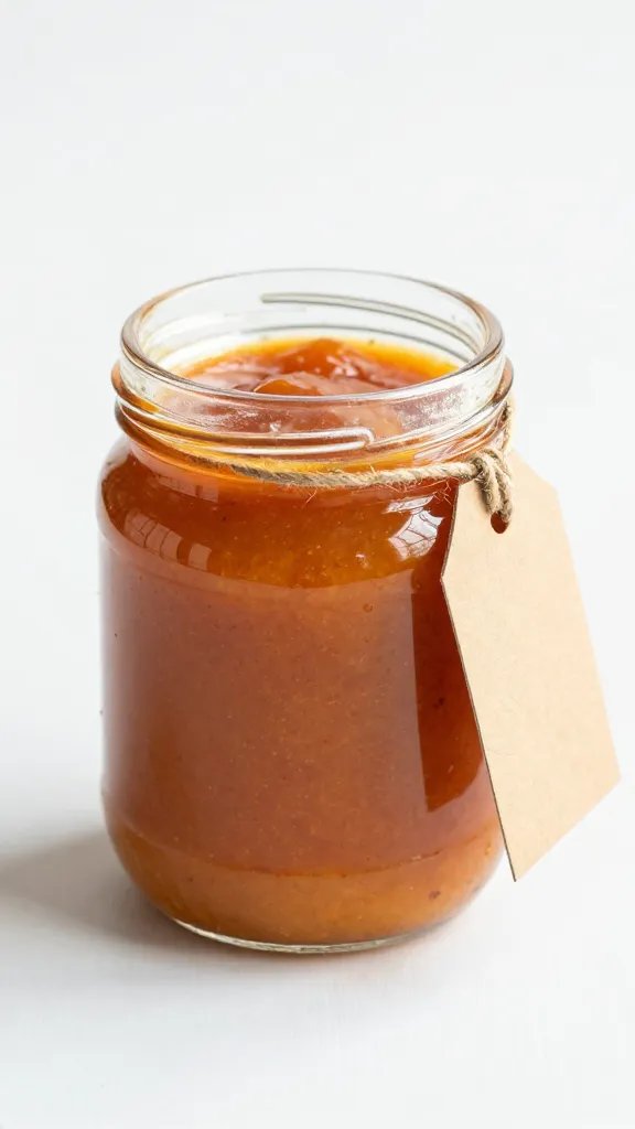 wide-mouth jar of peach bbq glaze with twine tag