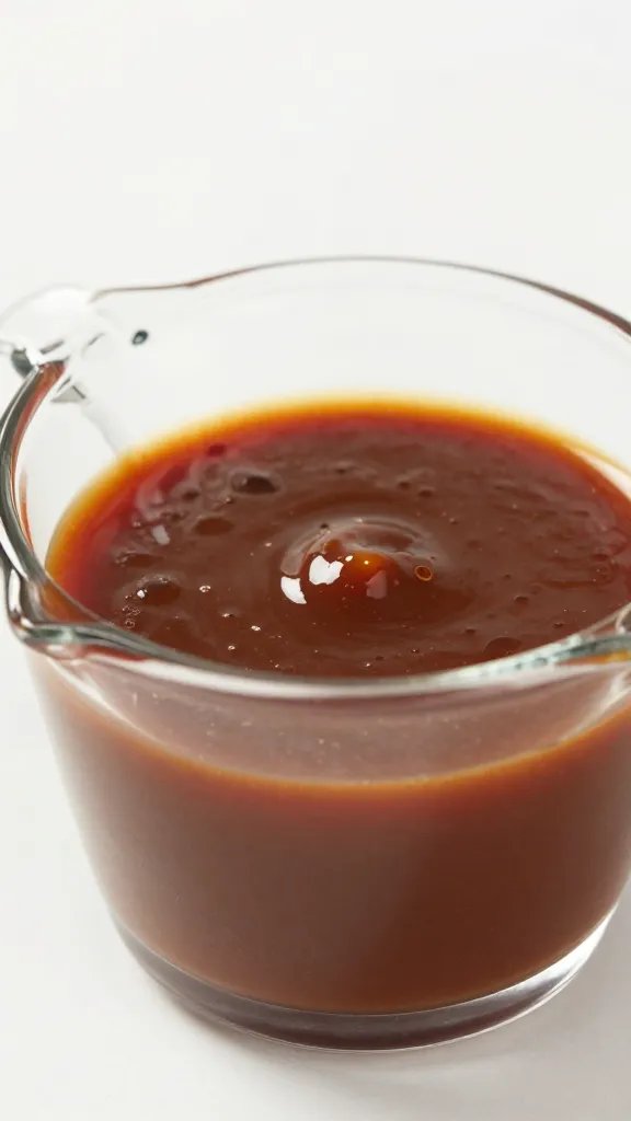 Closeup of 1/3 cup BBQ sauce in glass measuring cup