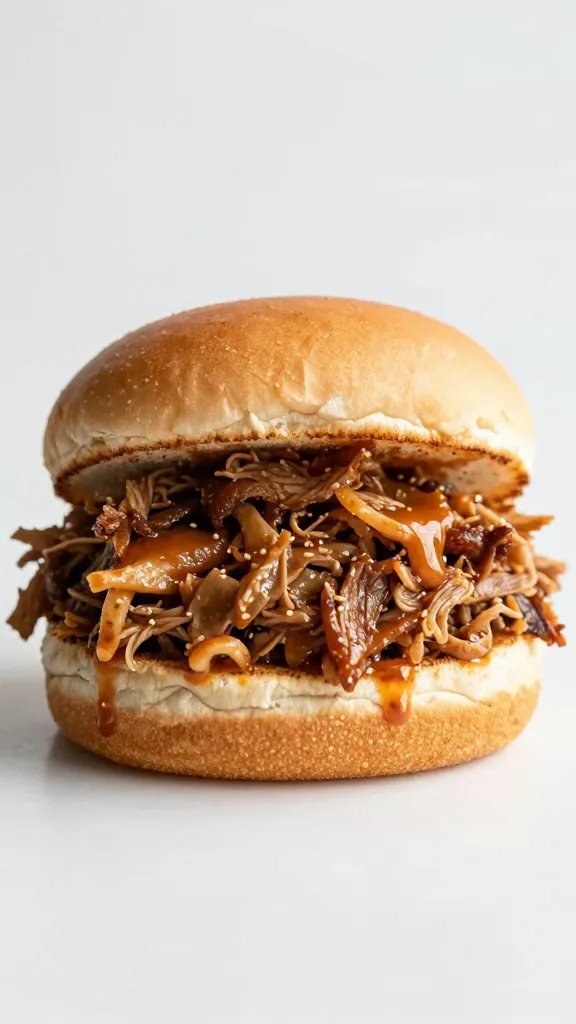 Single sauced pulled pork sandwich on brioche bun