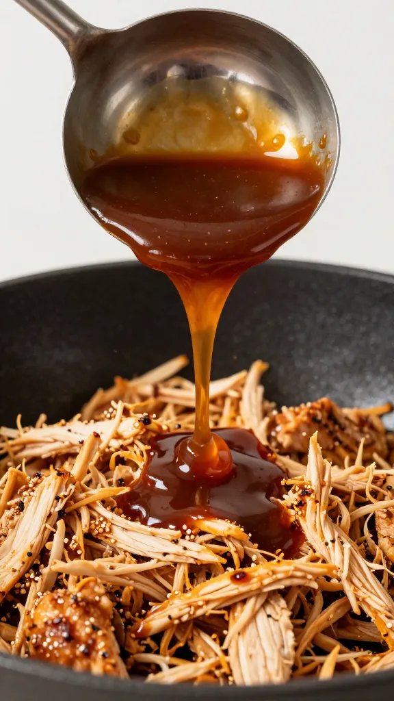 Ladle dripping hickory BBQ sauce over shredded chicken