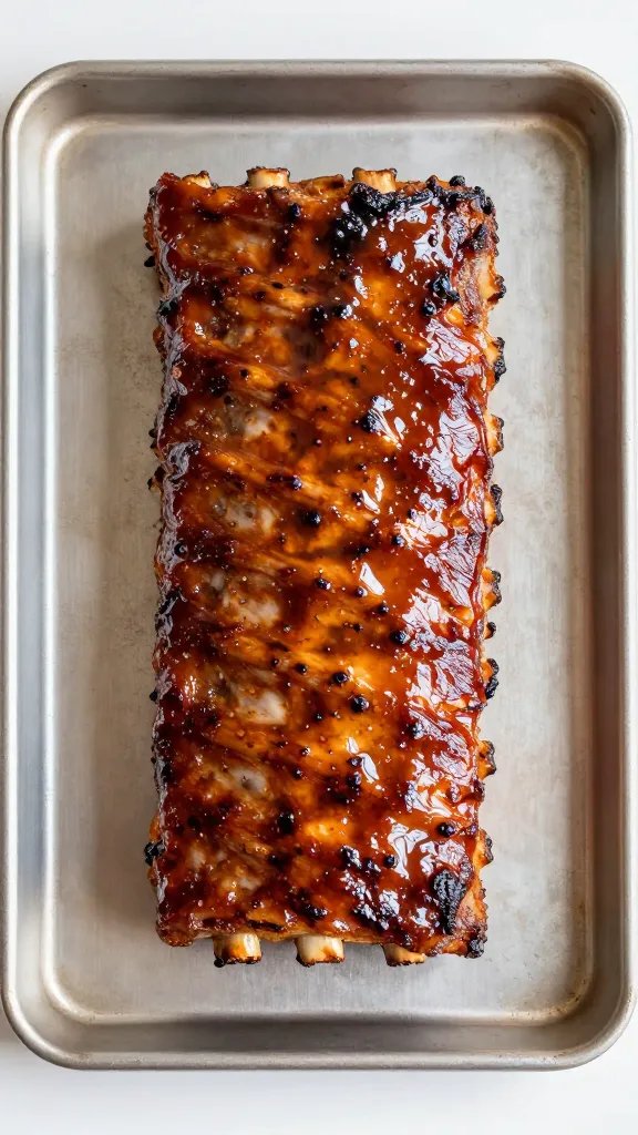 Single rimmed sheet pan of glazed ribs, tight crop