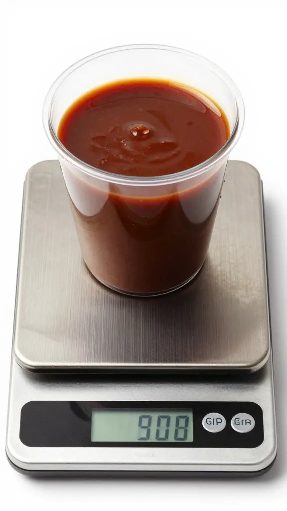 Digital kitchen scale weighing one cup of BBQ sauce