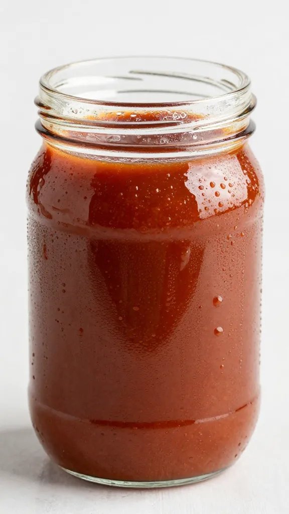 Mason jar of homemade BBQ sauce with condensation