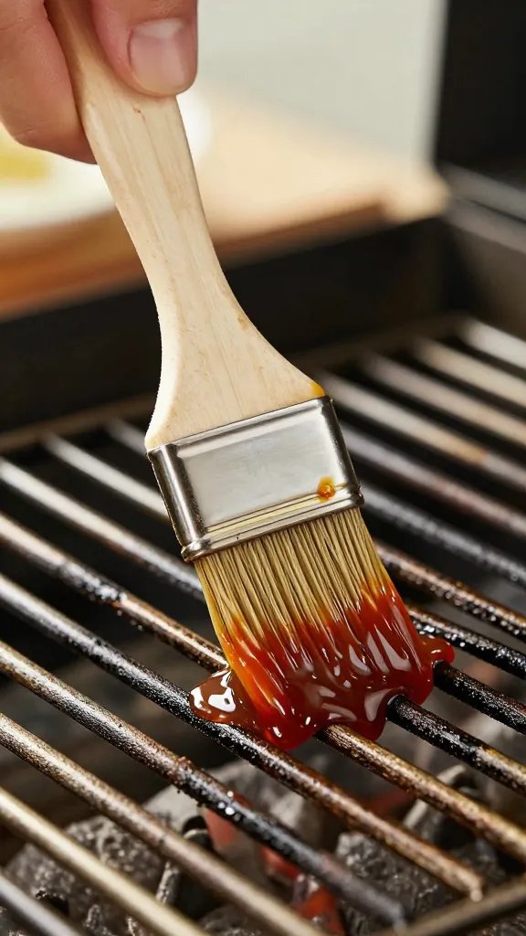 Basting brush loaded with sauce over grill grates