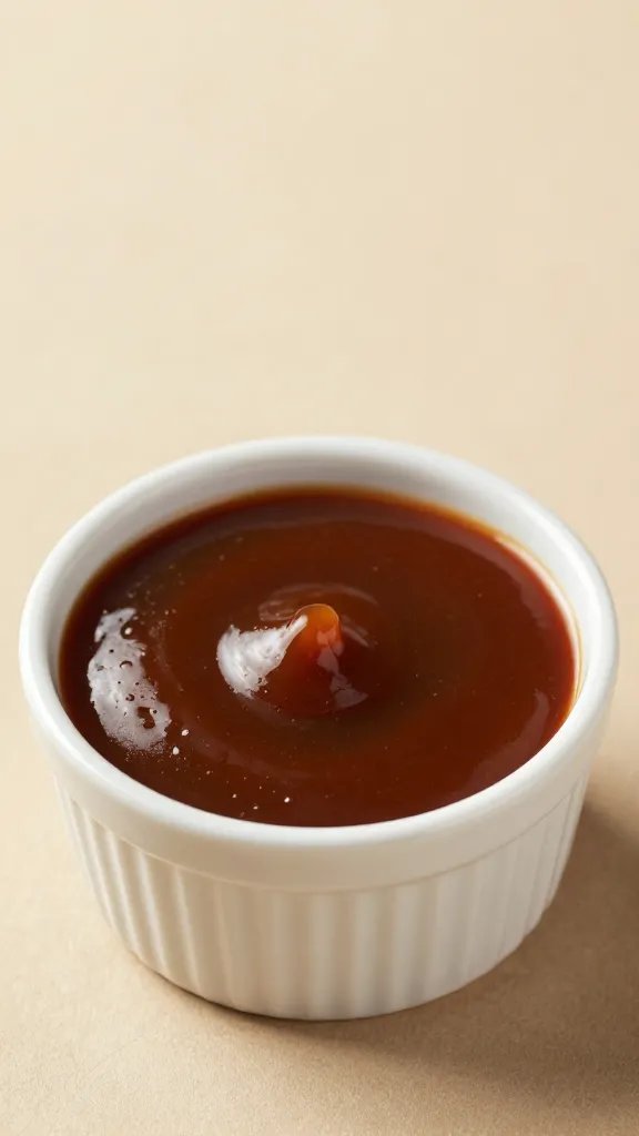 Single white ramekin holding 1/4 cup BBQ sauce