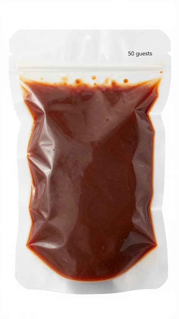 Vacuum-sealed bag of BBQ sauce labeled “50 guests”