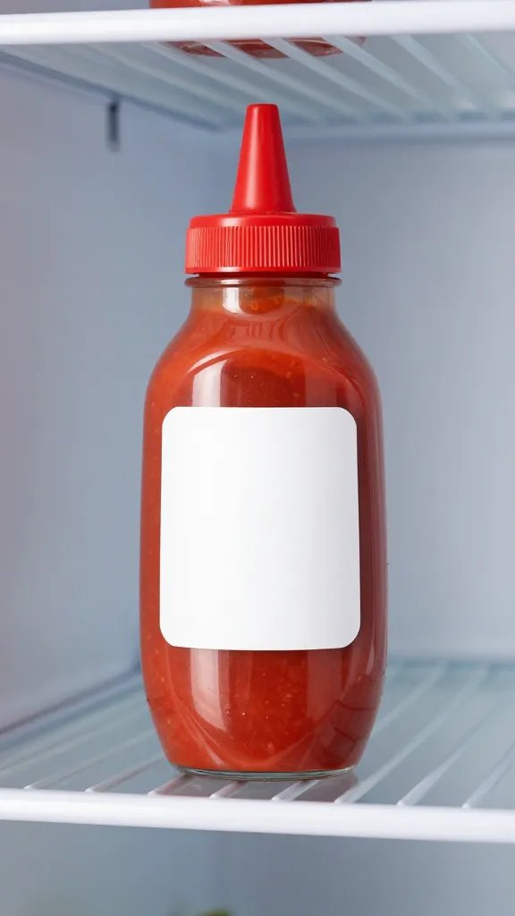 Refrigerator shelf with one labeled squeeze bottle of sauce