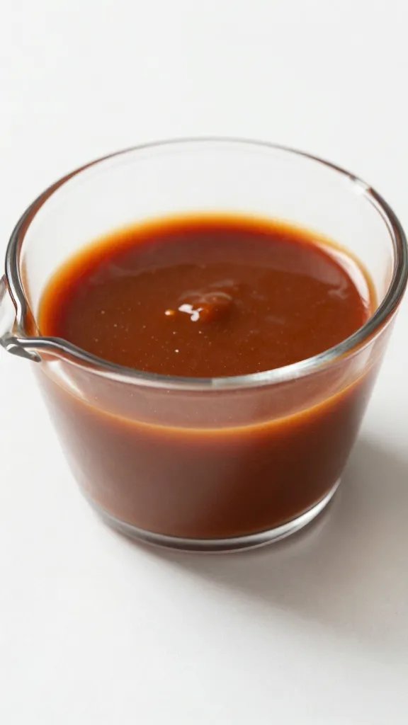 Closeup measuring cup with 1/3 cup BBQ sauce