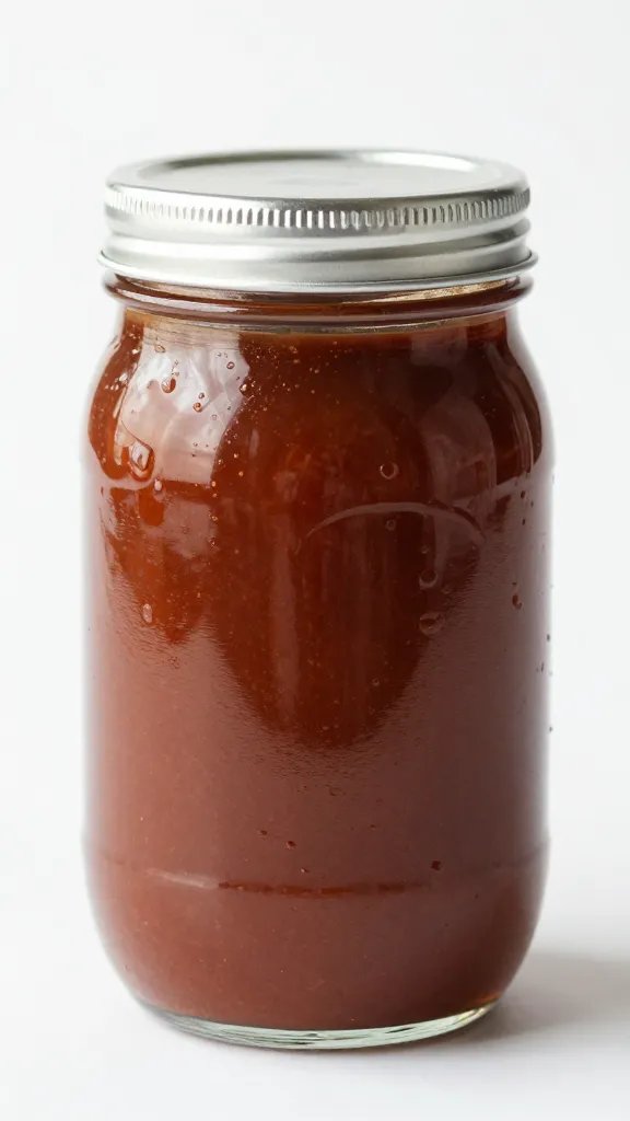 Single quart mason jar of BBQ sauce, sealed, labeled