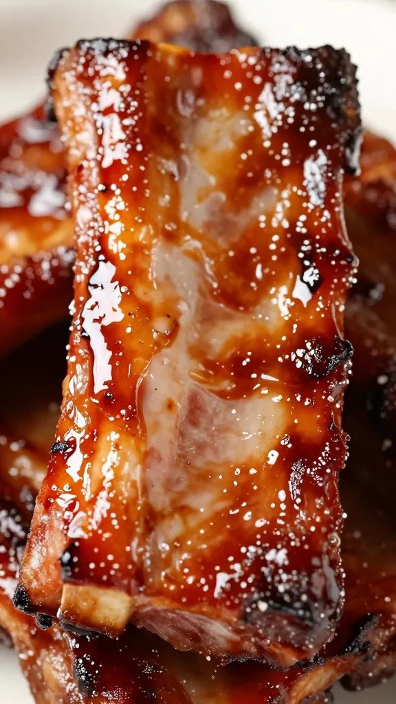 Brushed pork rib slab closeup, glossy BBQ glaze