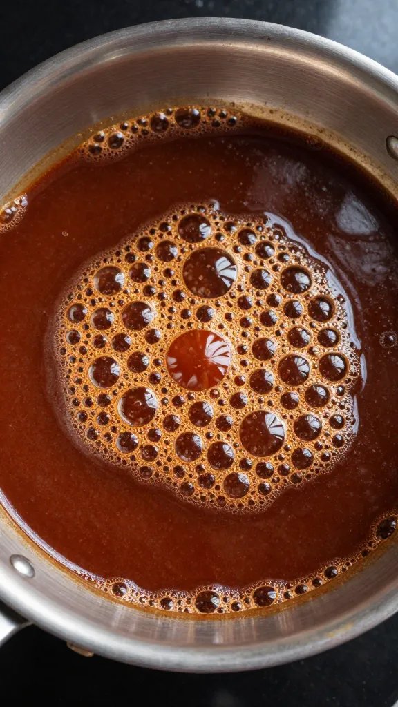 Small stainless sauce pan simmering BBQ sauce, bubbles