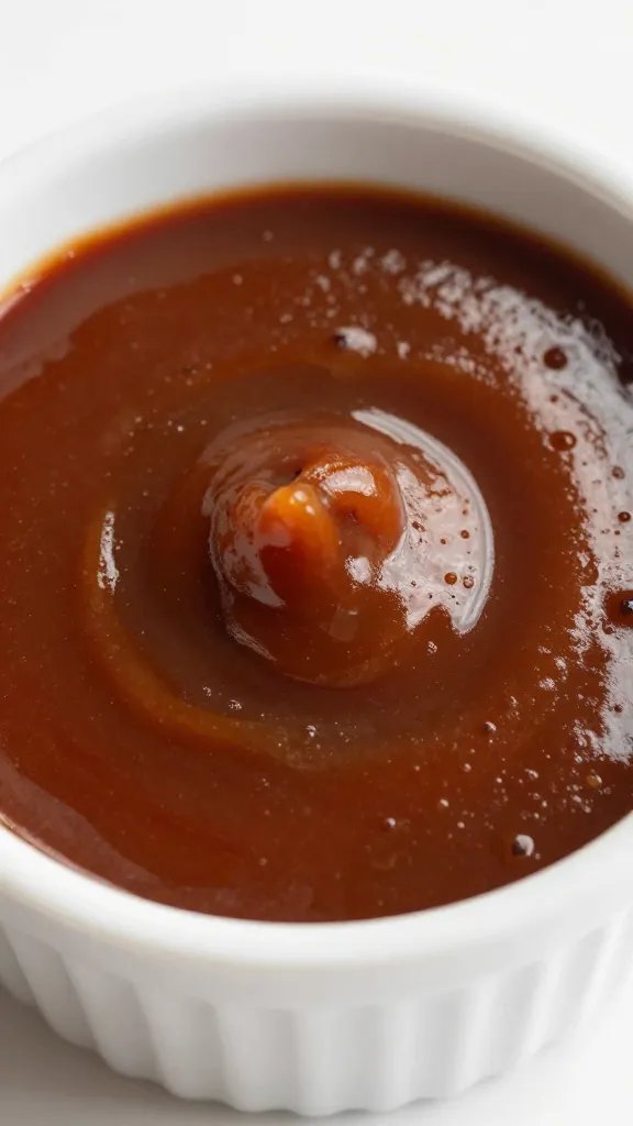 White ramekin filled with BBQ sauce, overhead closeup