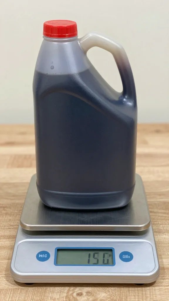 Digital kitchen scale weighing 80 ounces BBQ sauce jug