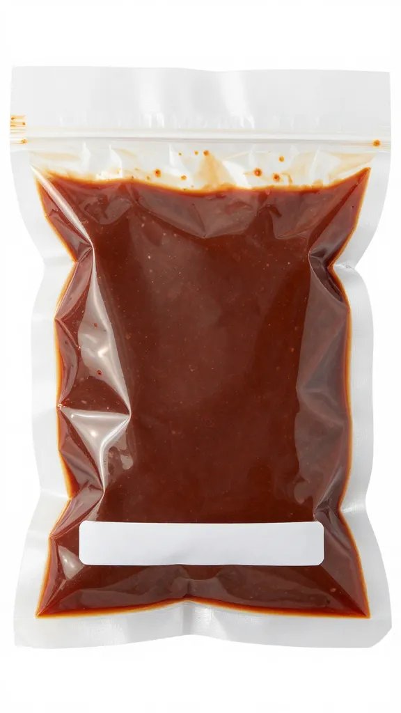 Vacuum-sealed freezer bag of BBQ sauce, dated label