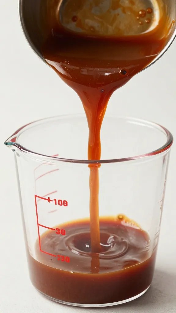 Ladle pouring thick BBQ sauce into clear measuring beaker