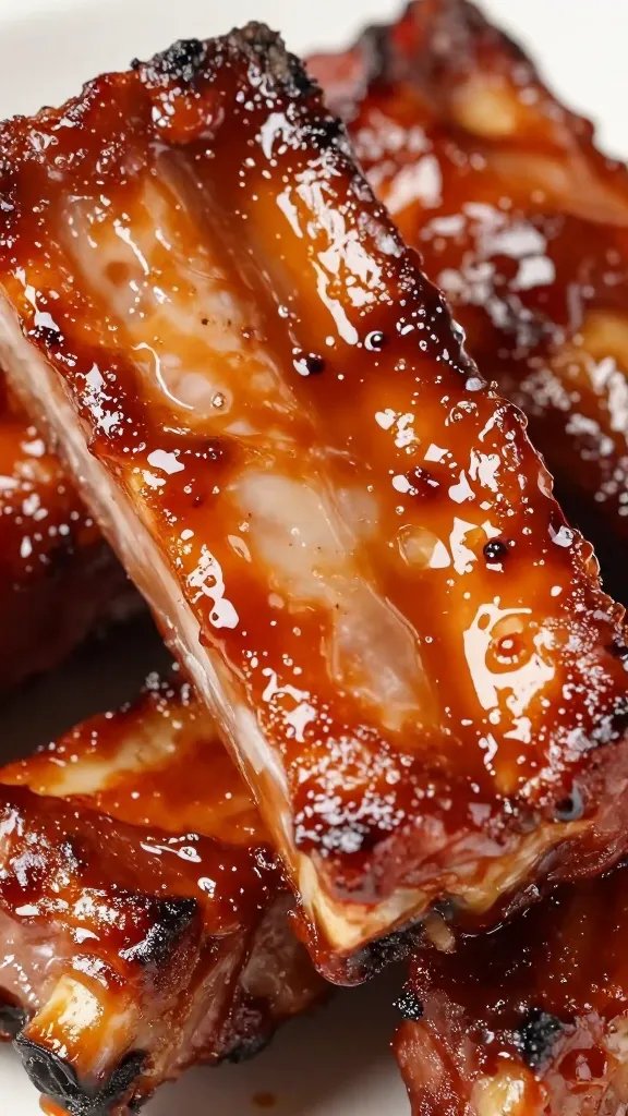 Glazed pork rib closeup with glossy BBQ sauce
