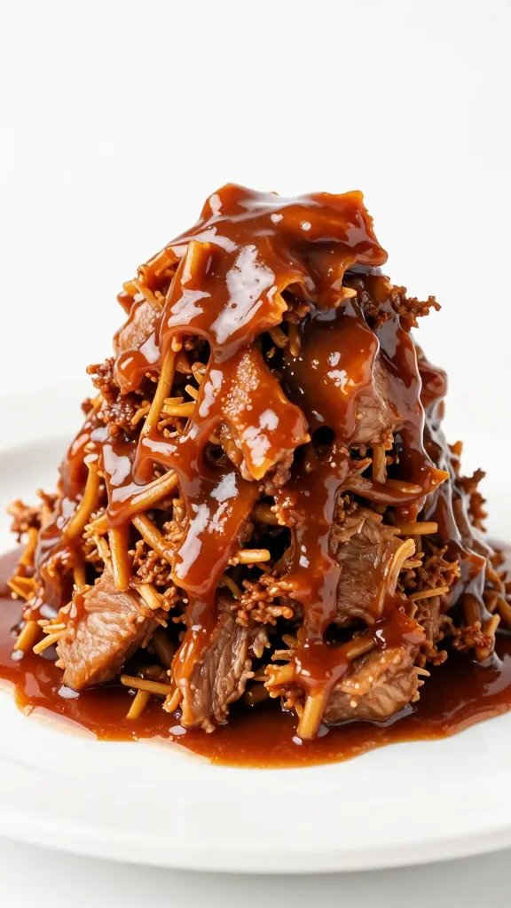 Pulled pork mound drenched in smoky BBQ sauce