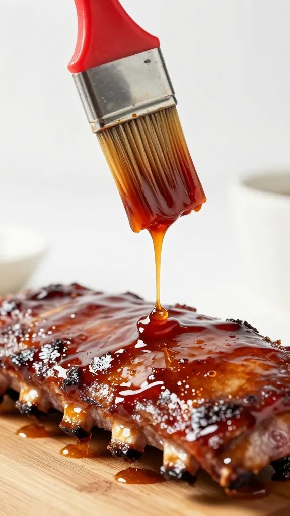 Sauce brush dripping BBQ glaze over rib edge