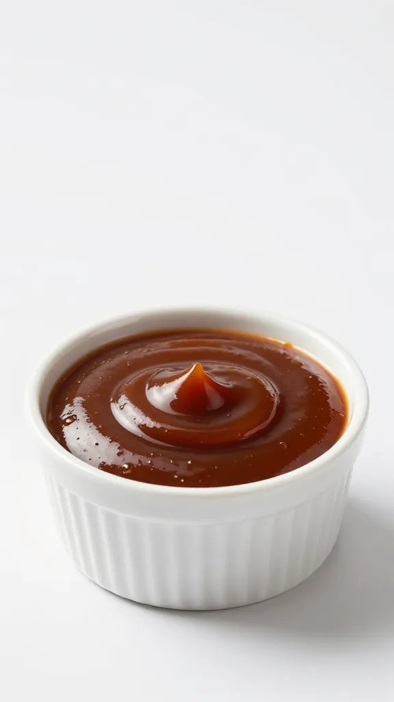 Small ramekin of thick barbecue sauce, studio lit