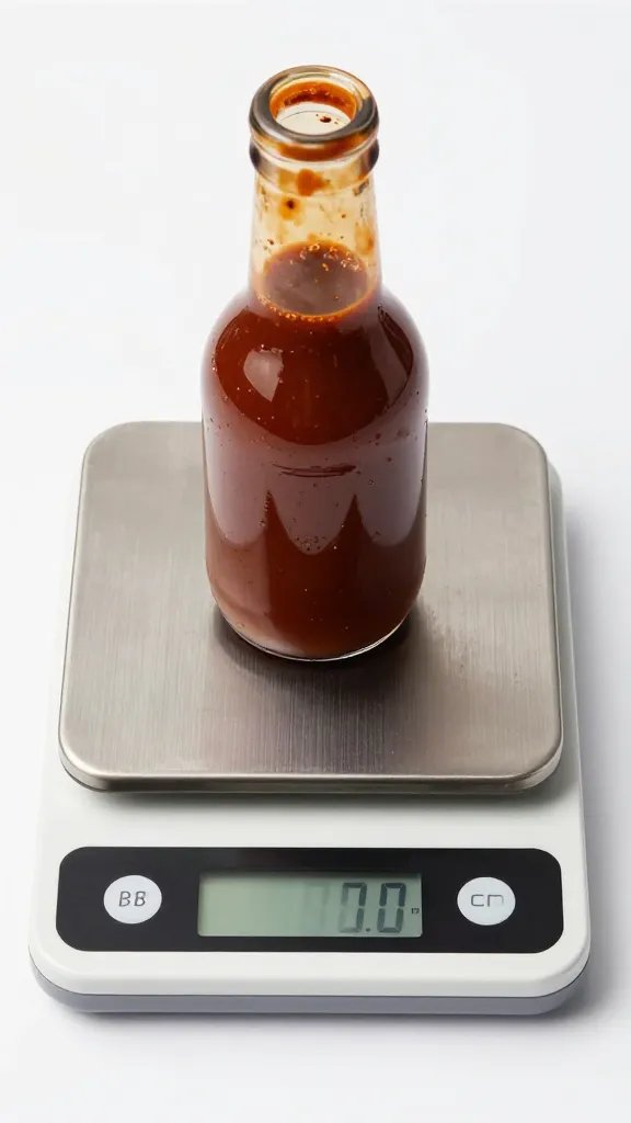 Digital kitchen scale weighing portioned BBQ sauce