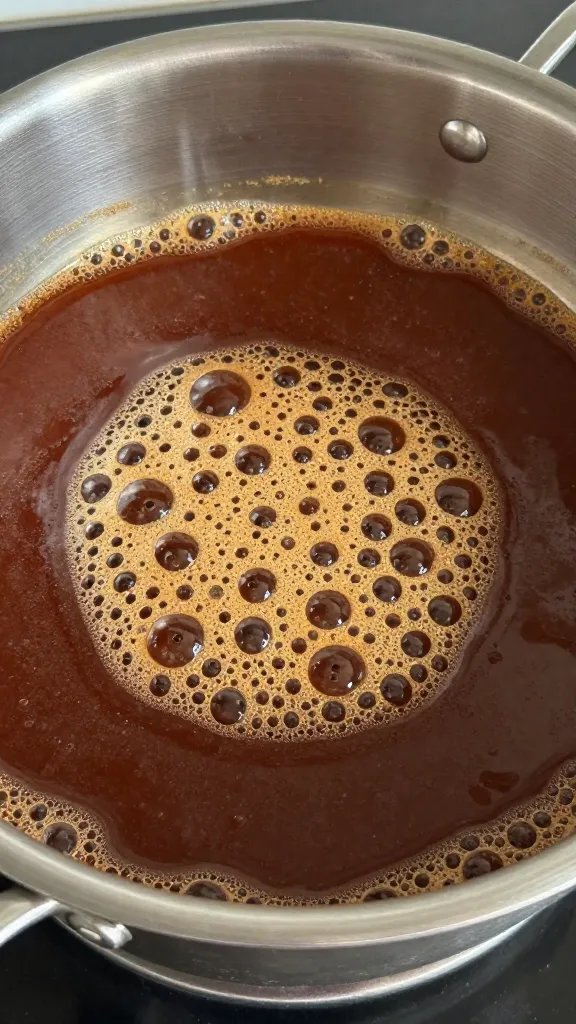 Stainless saucepan simmering barbecue sauce, bubbles visible