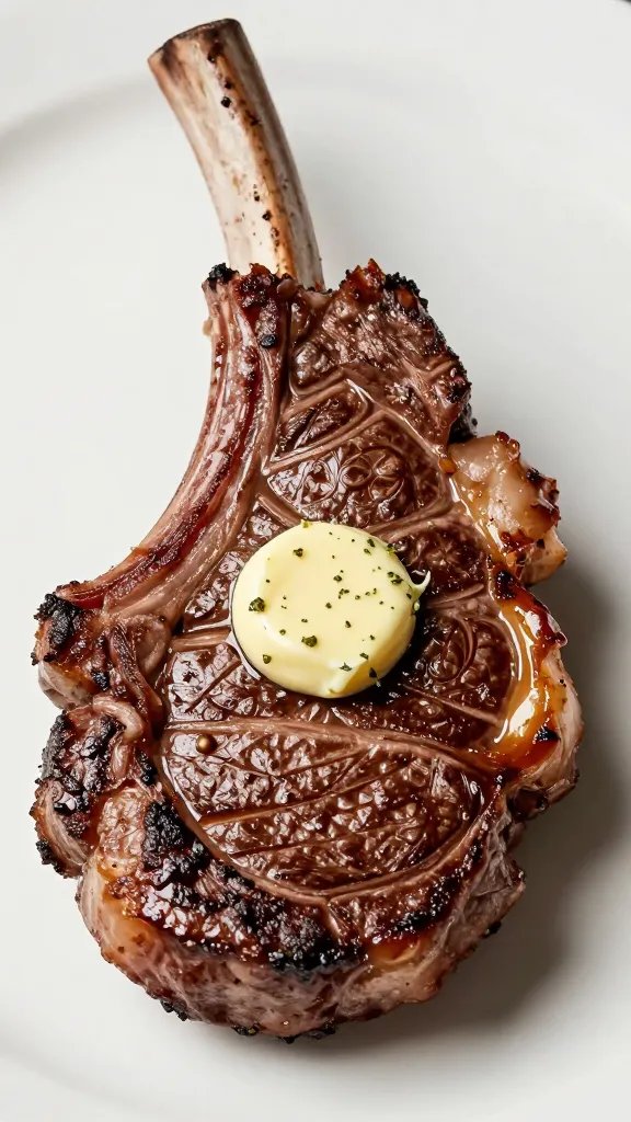 Hot ribeye steak topped with garlic-herb butter pat